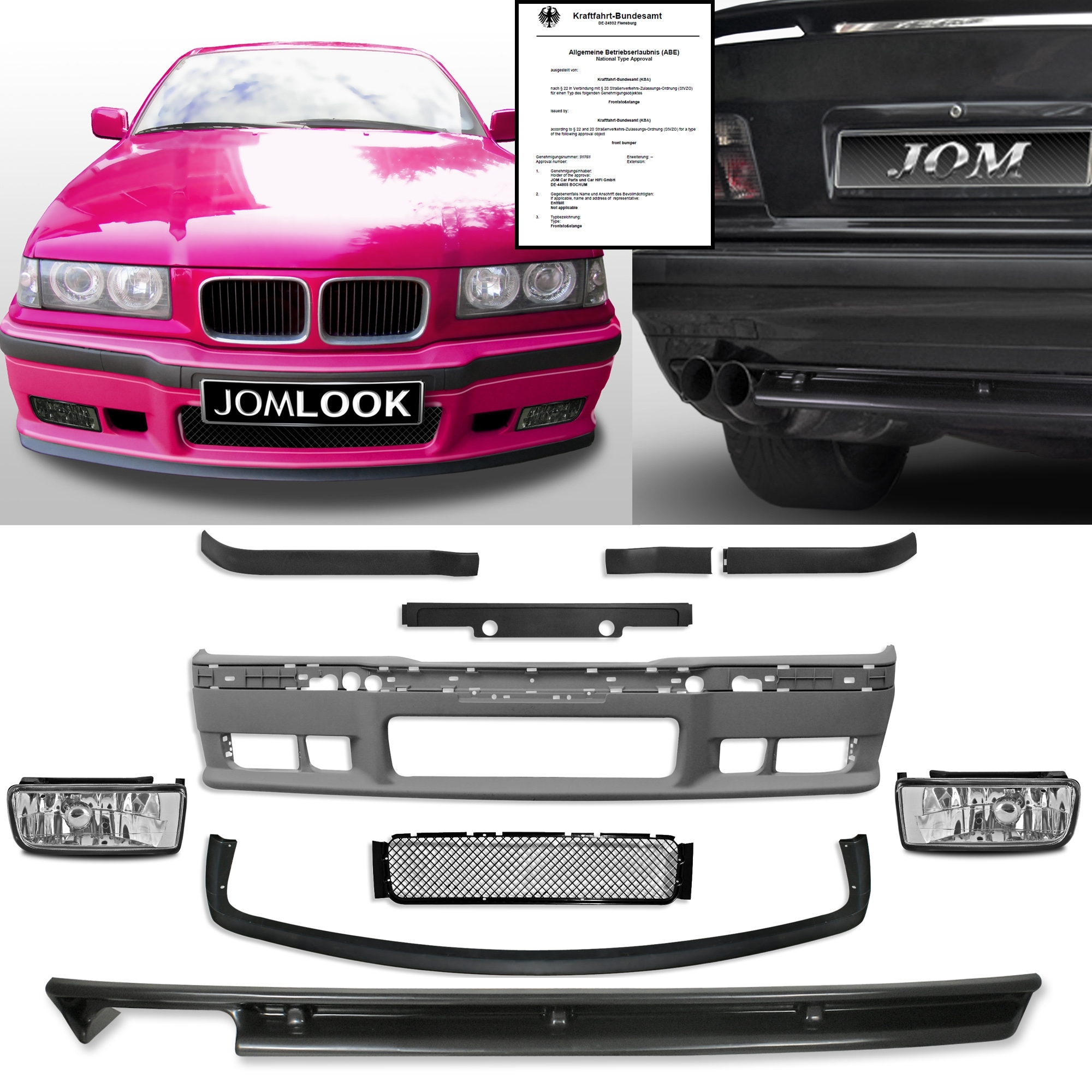 Jom Kofanger Kit Inkl  Klare Tågelygter   Hækskørte Til Bmw  -serie E36 Sedan  Coupé   Cabriolet