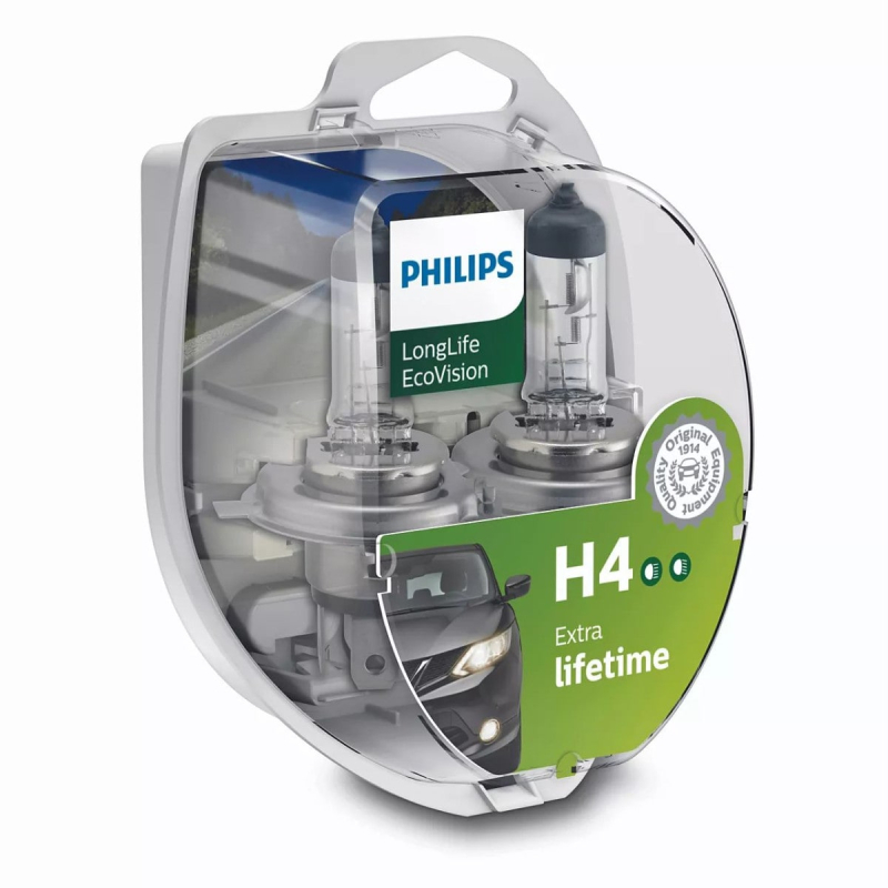 Philips H4 Longlife Ecovision Pærer Med Op Til 4x Længere Levetid    Stk