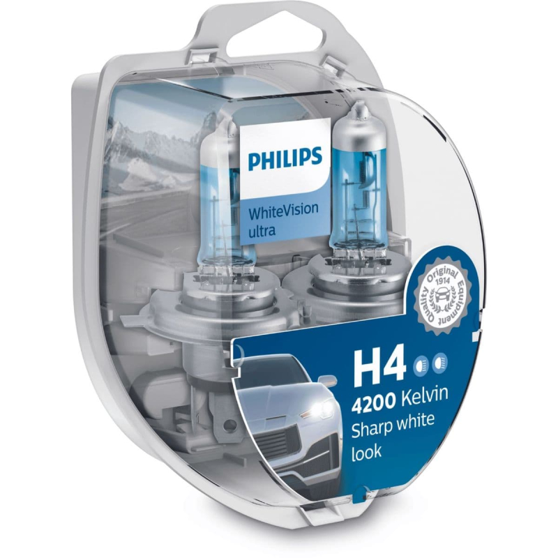 Philips H4 Whitevision Ultra Pærer Med Xenon Effekt    60  Mere Lys   Stk      Stk  W5w